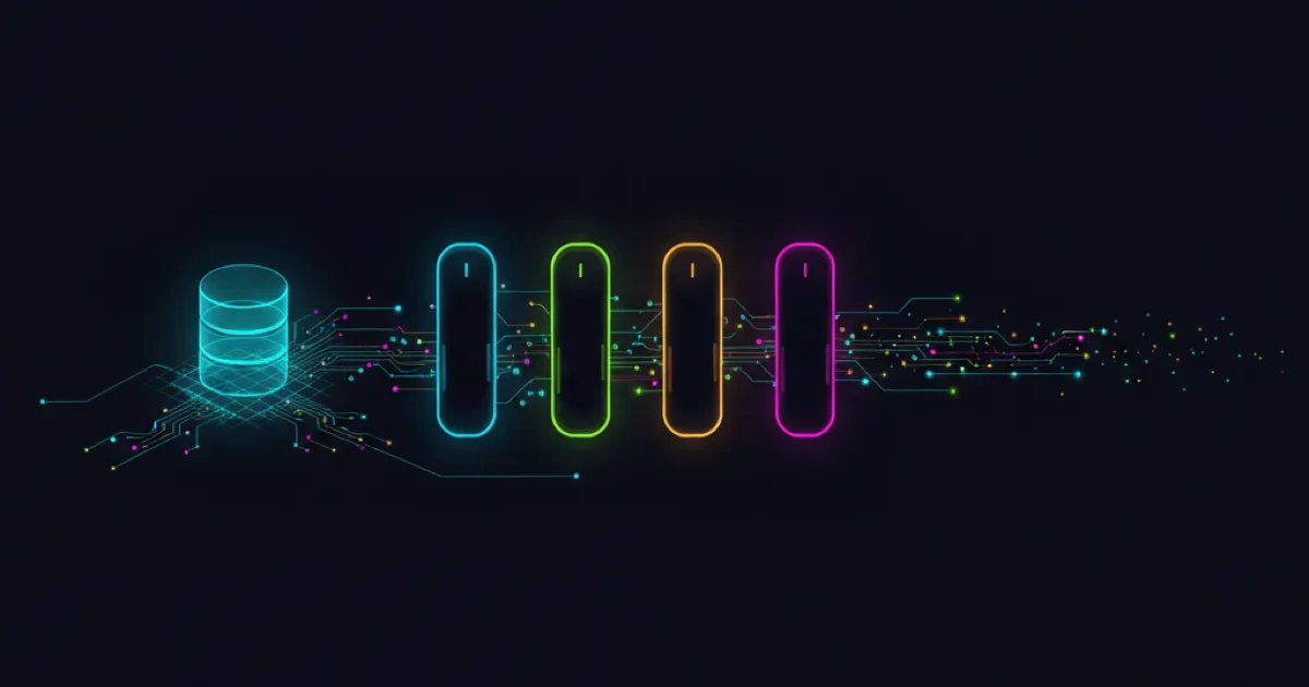 A glowing wireframe database feeding circuit traces into four separately sealed coloured compartments