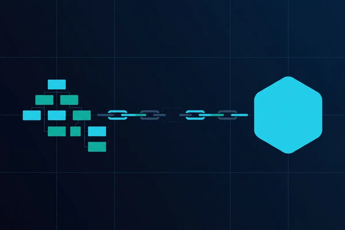 Abstract geometric illustration of a directory synchronisation link between an on-premises forest and an Entra tenant, with one segment missing