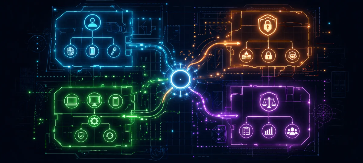 Geometric blueprint pattern representing M365 solution architecture with colour-coded zones for identity, security, endpoints, and governance